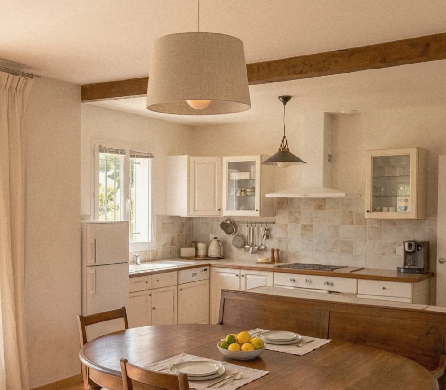 Provençal kitchen with exposed beams and dining table